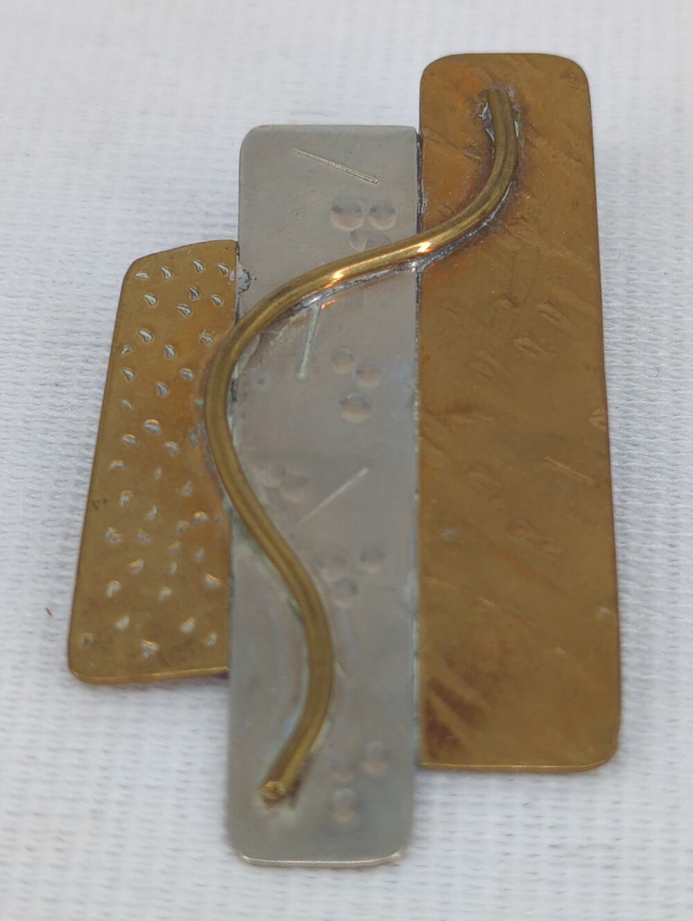Vintage Handmade Mixed Metal Brutalist Brooch Pin Hammered Silver Copper Bronze